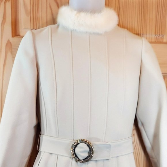 Vintage Stegari Fur Trimmed Beige Dress Jackie Kennedy Style Small Xtra Small - Picture 1 of 12